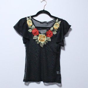 Sheer Black Embroidered Roses Potter's Pot blouse